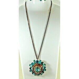 Vintage Rhinestone Pendant Necklace Azure Blue & Clear Rhinestones MCM Statement